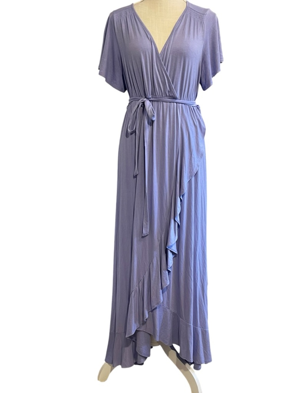 Soft Lavender Wrap Maxi Dress Medium with Ruffle Detail and Belt